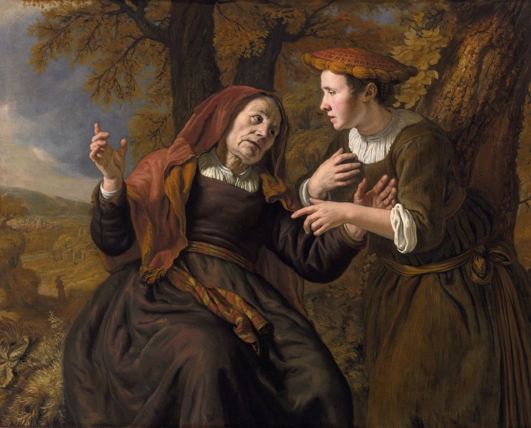 A Dutch painting: under autumn trees, a young woman in a brown dress with a white ruff and a woven red and gold hat holds one hand to her heart and reaches out with the other. She is speaking earnestly to an old woman in a red hood, seated on the left, who raises her hand as she listens. Fields and a far town lie behind them under a cloudy sky.