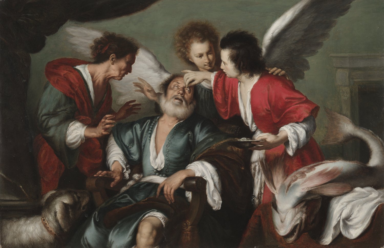 A painting by Bernardo Strozzi: Tobit, an old man with a white beard, leans back in a chair with his face turned up, while his son Tobias, in a red cloak, touches his eye. Behind them stands the angel Raphael, a curly-haired youth with great wings. An old woman, Anna, leans in from the left. A large fish lies at the lower right, and a dog at the lower left.