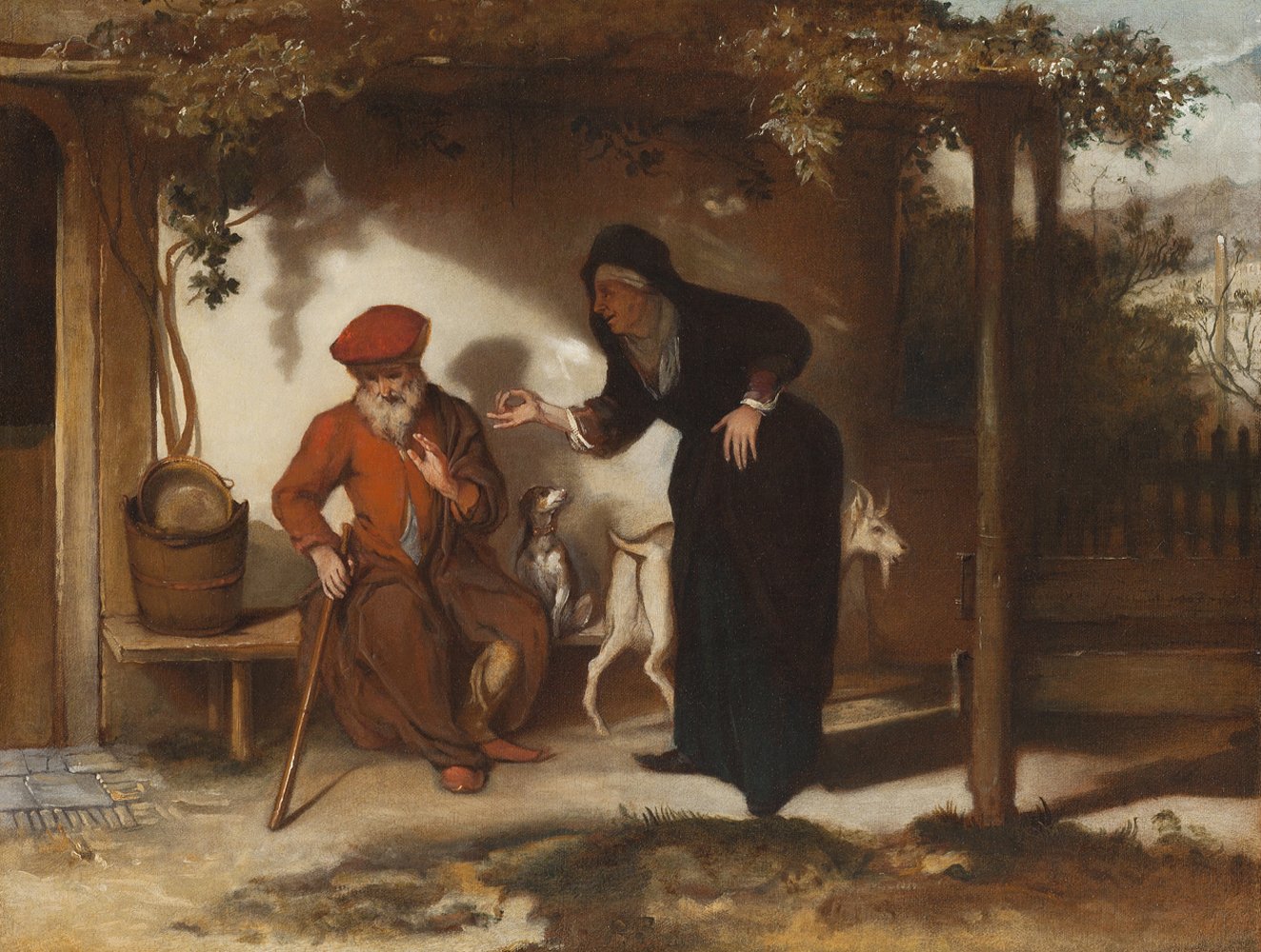 A painting by Barent Fabritius: Tobit, an old man in a red cap and brown coat, sits on a bench under a vine-covered porch, leaning on a stick. His wife Anna, in a black hood, bends toward him and points. Two small dogs and a young goat stand between them.