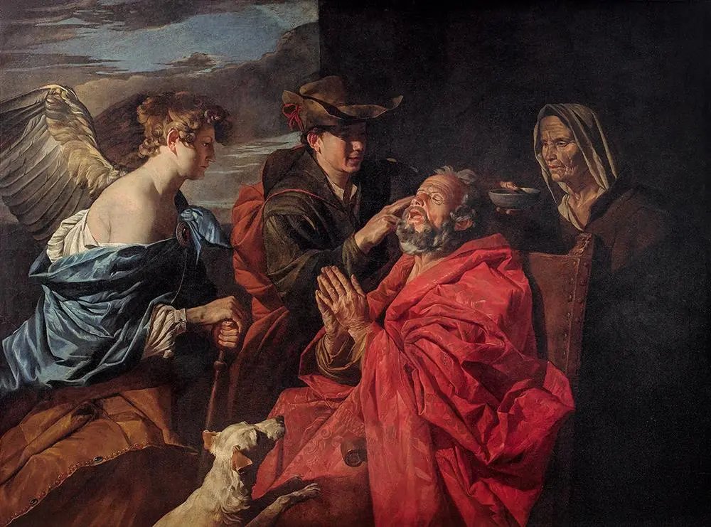 A painting by Matthias Stom: Tobit, grey-bearded, in a red robe, sits with his hands pressed together in prayer as his son, in a hat, touches his eye. The angel, a fair-haired youth with wings, stands at the left, Anna in a hood at the right, and a small white dog in front.