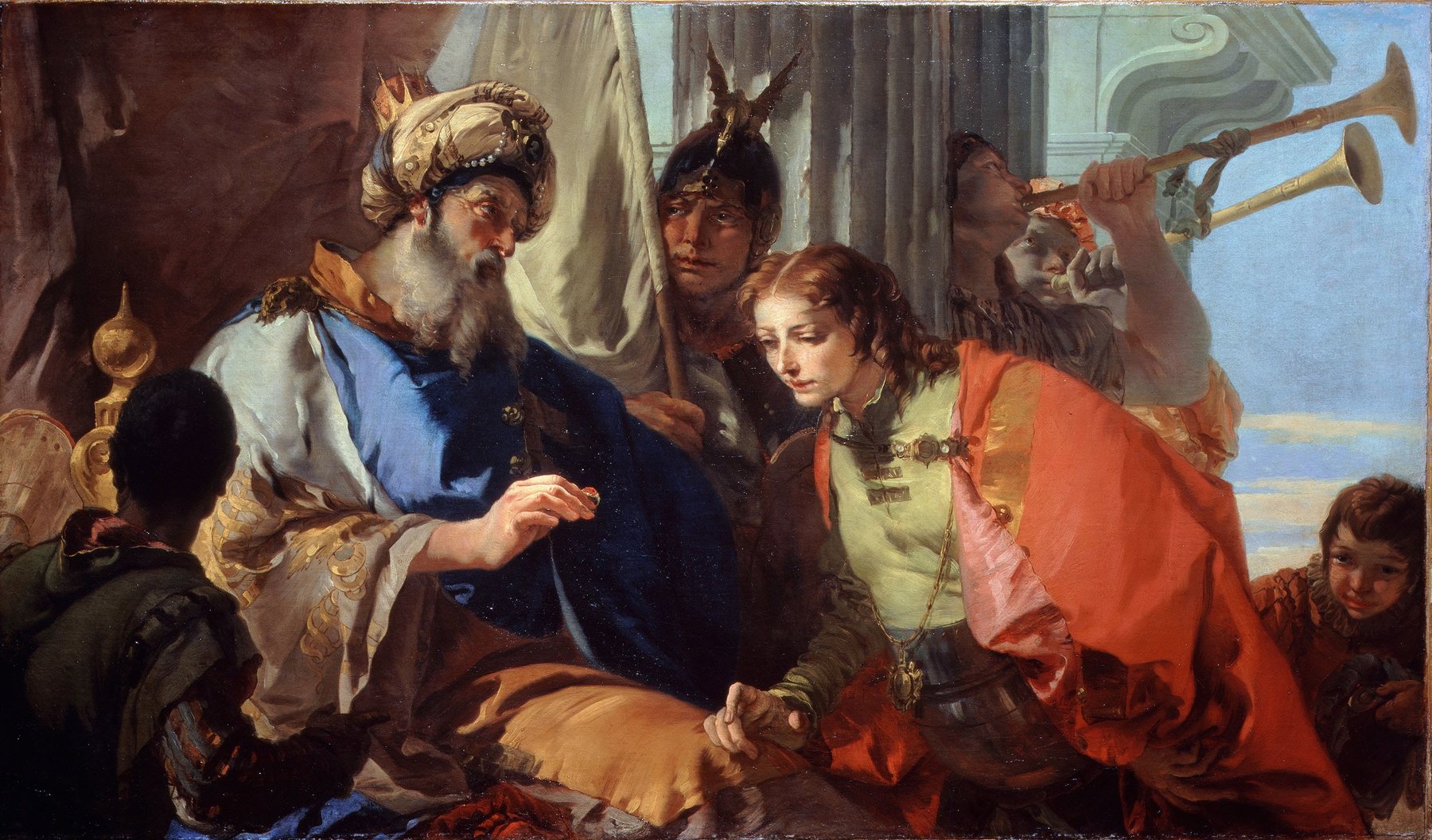 Giovanni Battista Tiepolo’s painting of an aged Pharaoh in a turban handing his signet ring to the young Joseph, in a red cloak, as trumpeters sound behind them
