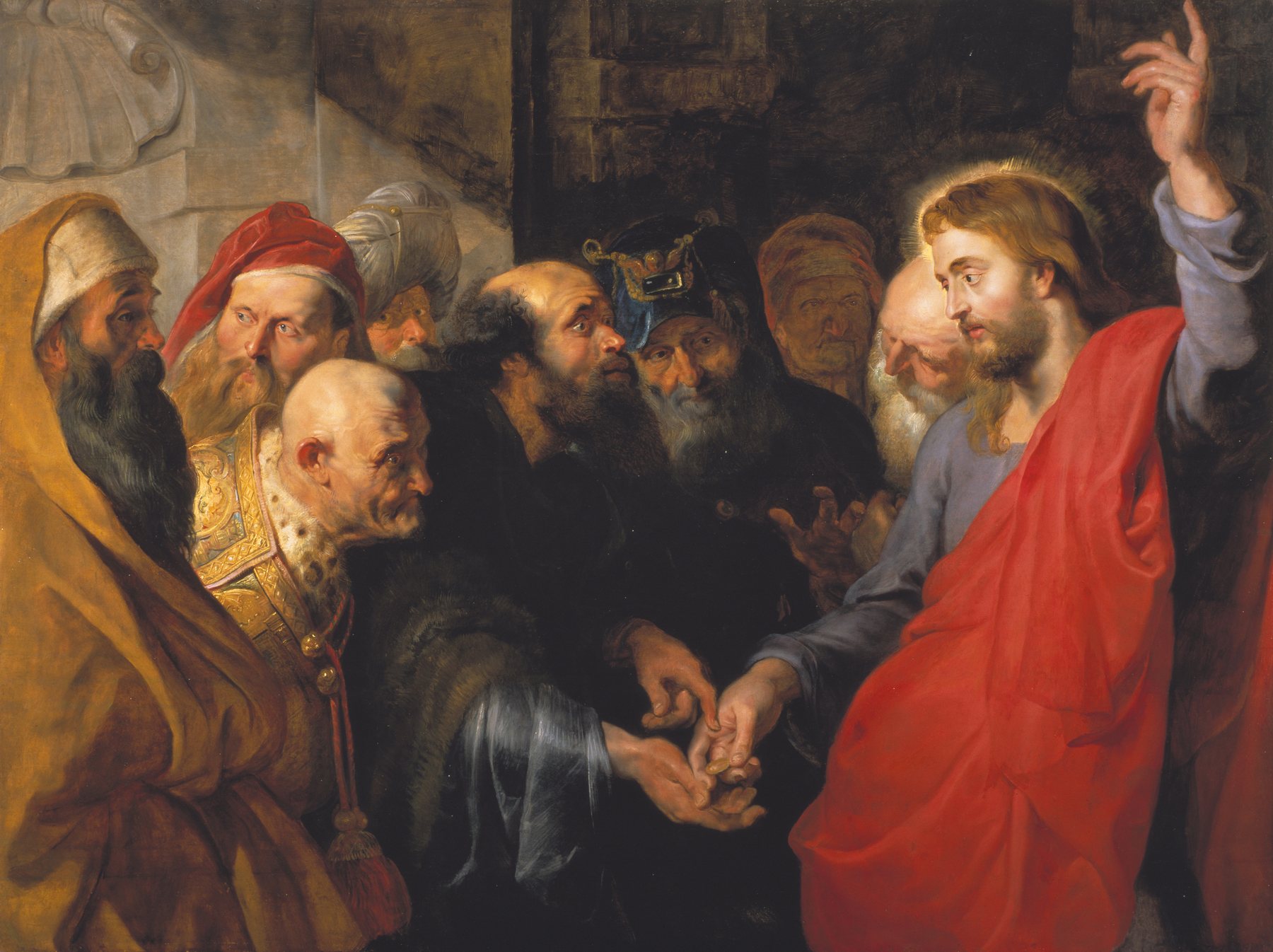 Peter Paul Rubens’s painting of Christ, in a red cloak, raising one hand as the Pharisees crowd in with the coin they hoped would trap Him