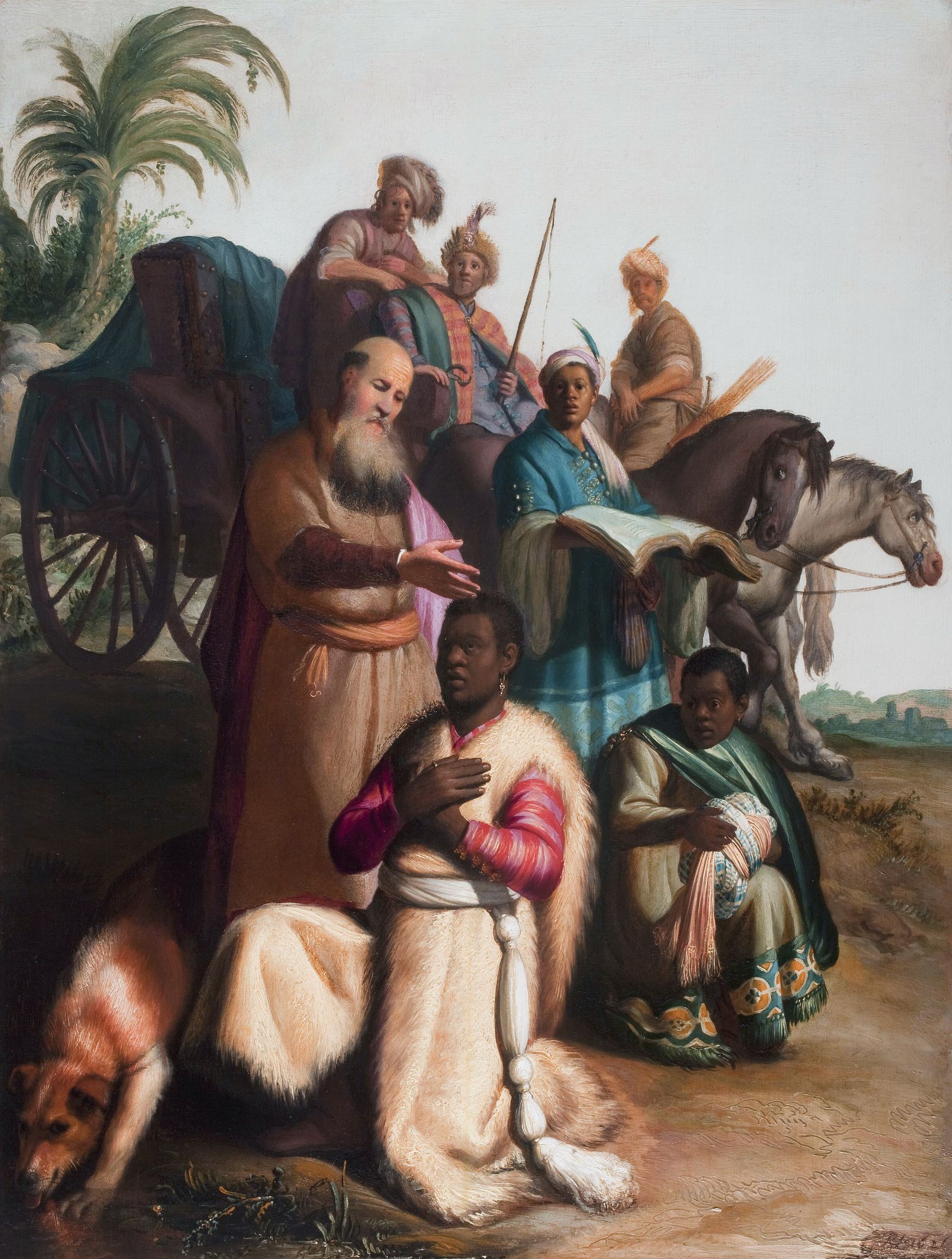 Rembrandt’s painting of Philip speaking over the Ethiopian official, who kneels in a white fur-lined cloak beside his chariot while a servant holds open his book