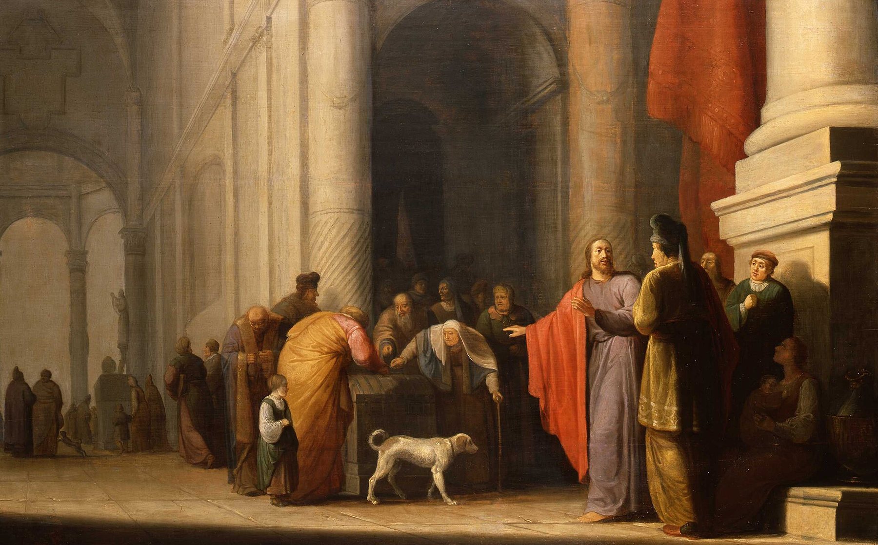 Paulus Lesire’s painting of a poor widow bending over the temple treasury to drop in her coins while Christ, in a red cloak, turns to point her out