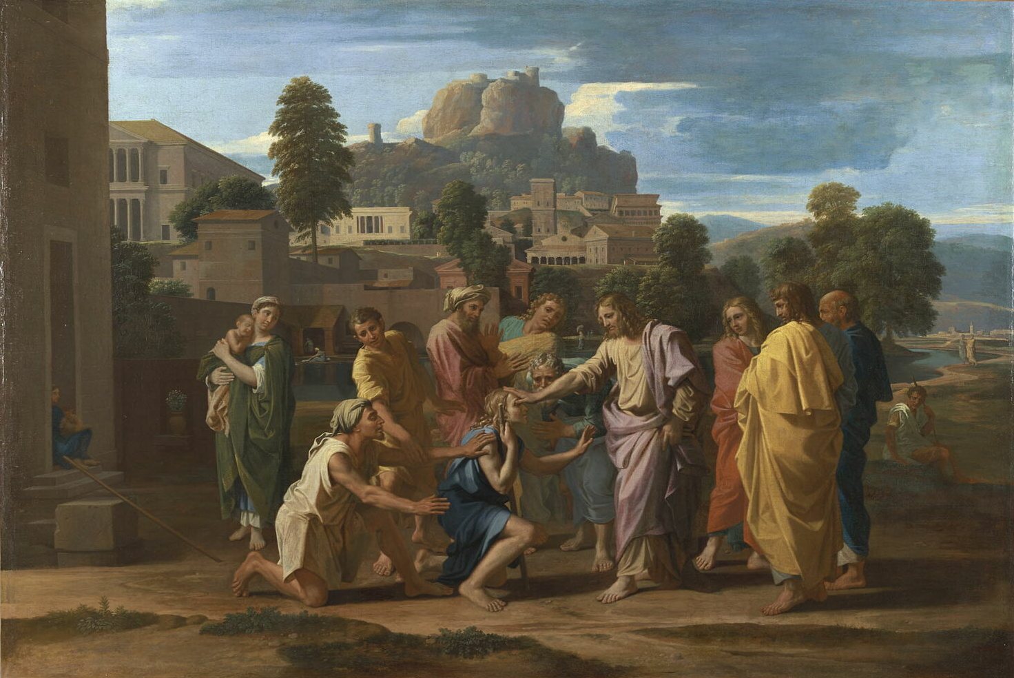 Nicolas Poussin’s painting of Christ touching the eyes of a kneeling blind man outside Jericho while a second blind man gropes toward Him