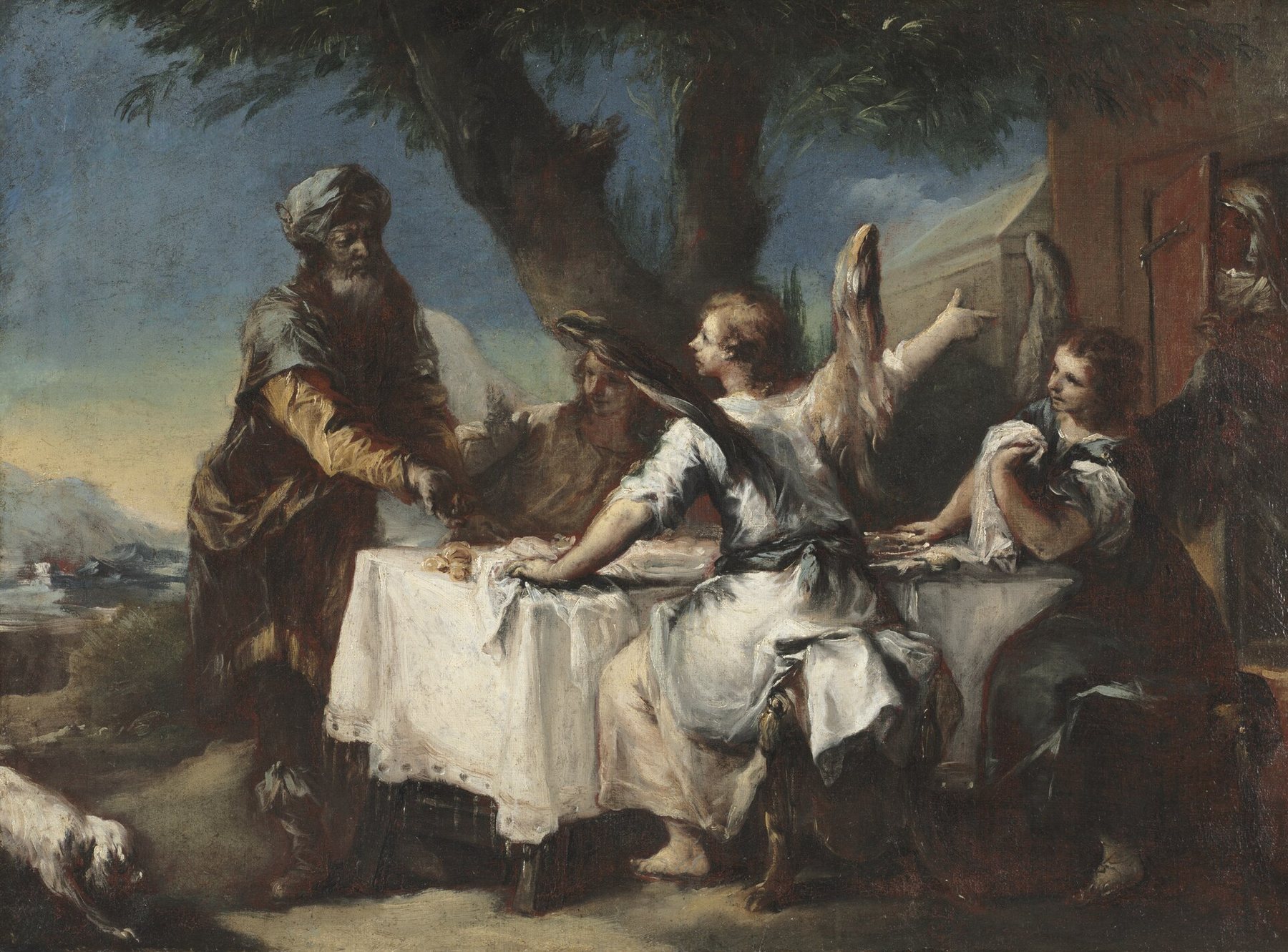 Francesco Guardi’s painting of Abraham serving bread to three angels at a table beneath a great tree, one angel pointing toward the tent where Sarah waits