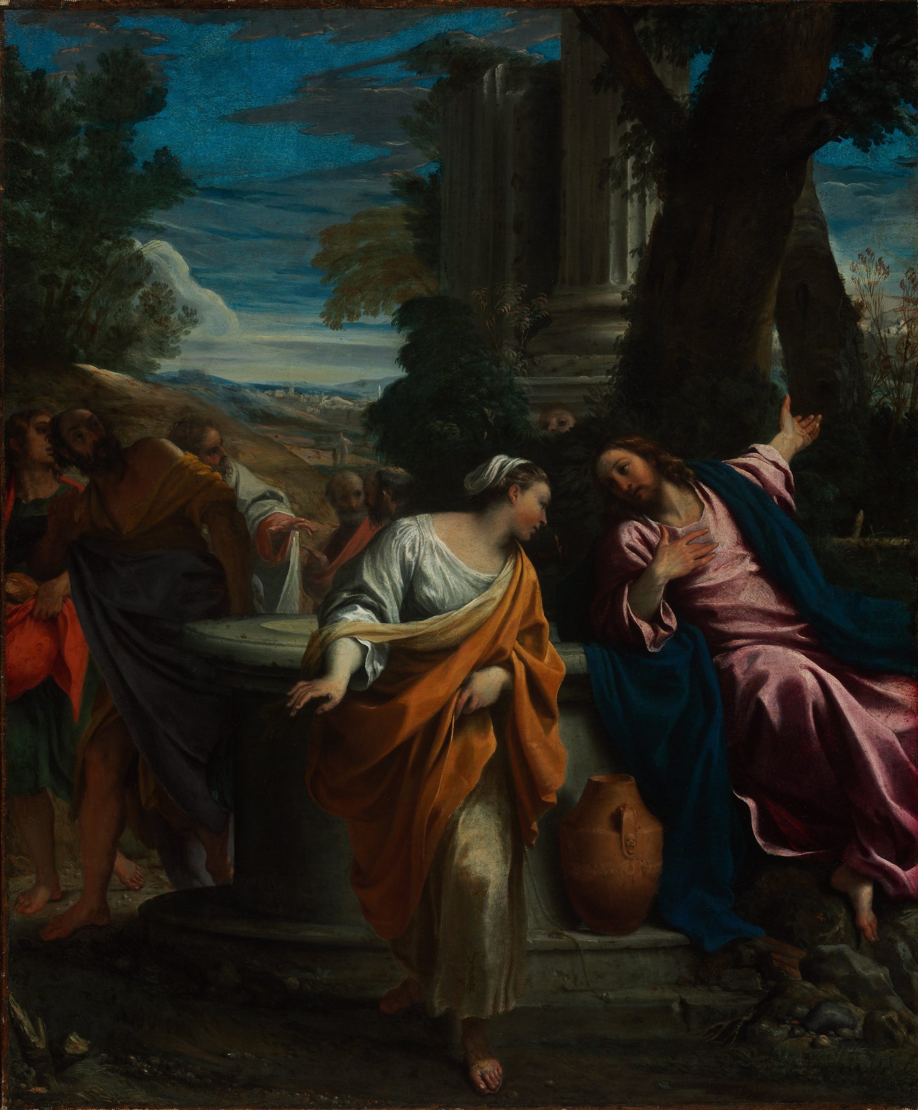 Annibale Carracci’s painting of Christ seated by the well, speaking to the Samaritan woman who has come with her water jar, as the disciples return along the path