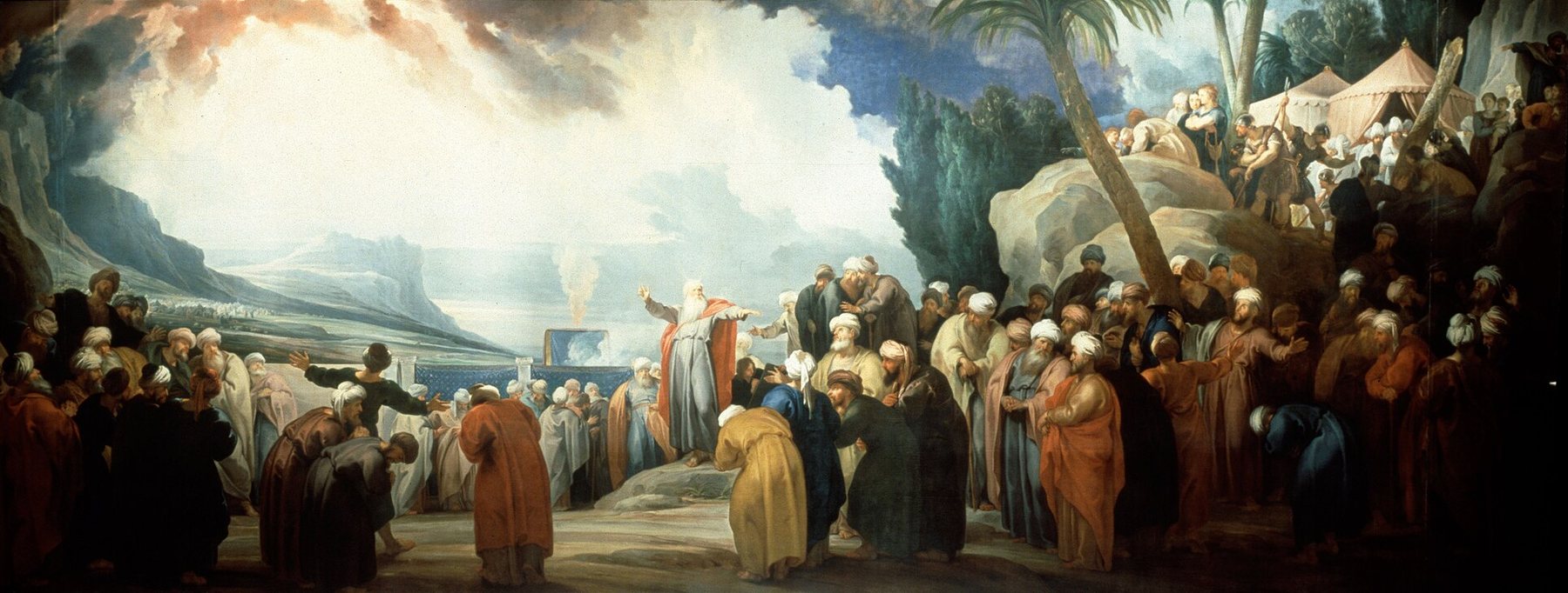 Jacob de Wit’s painting of Moses standing with outstretched arms among the Israelites in the desert, choosing the seventy elders who will lead the people with him