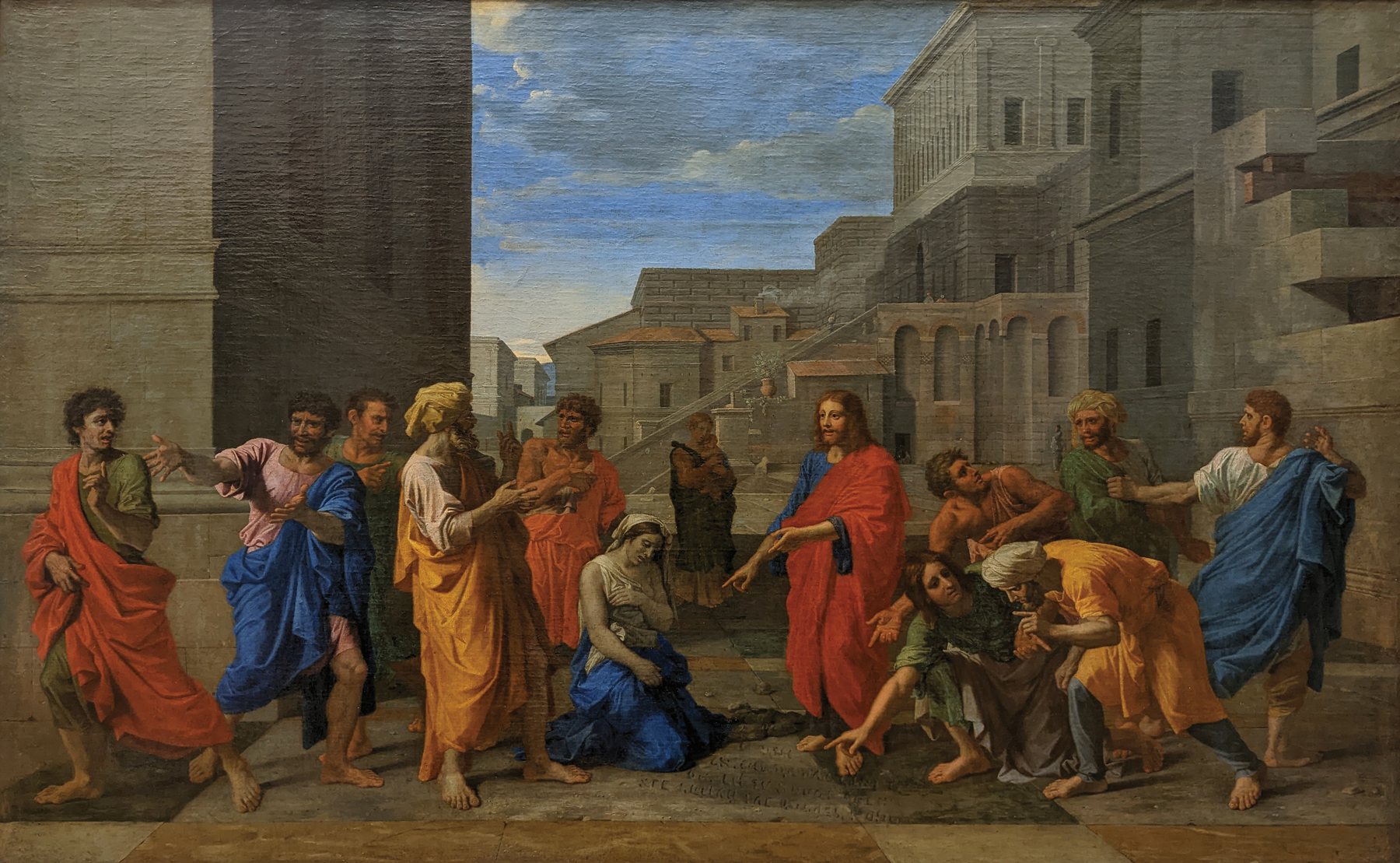 Nicolas Poussin’s painting of Christ, in a red cloak, pointing to His writing on the ground as the accusers turn away from the kneeling woman