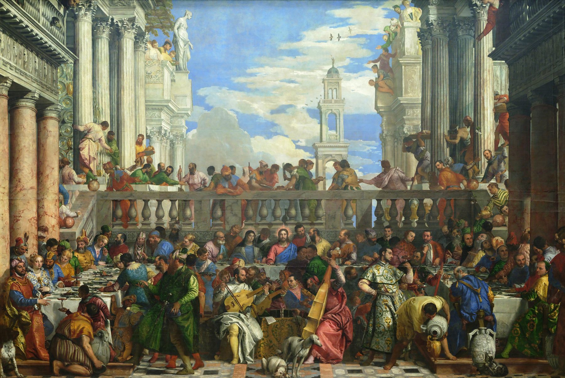 Paolo Veronese’s painting of the wedding feast at Cana, Christ seated at the centre of the long table while servants pour from stone jars and musicians play in front