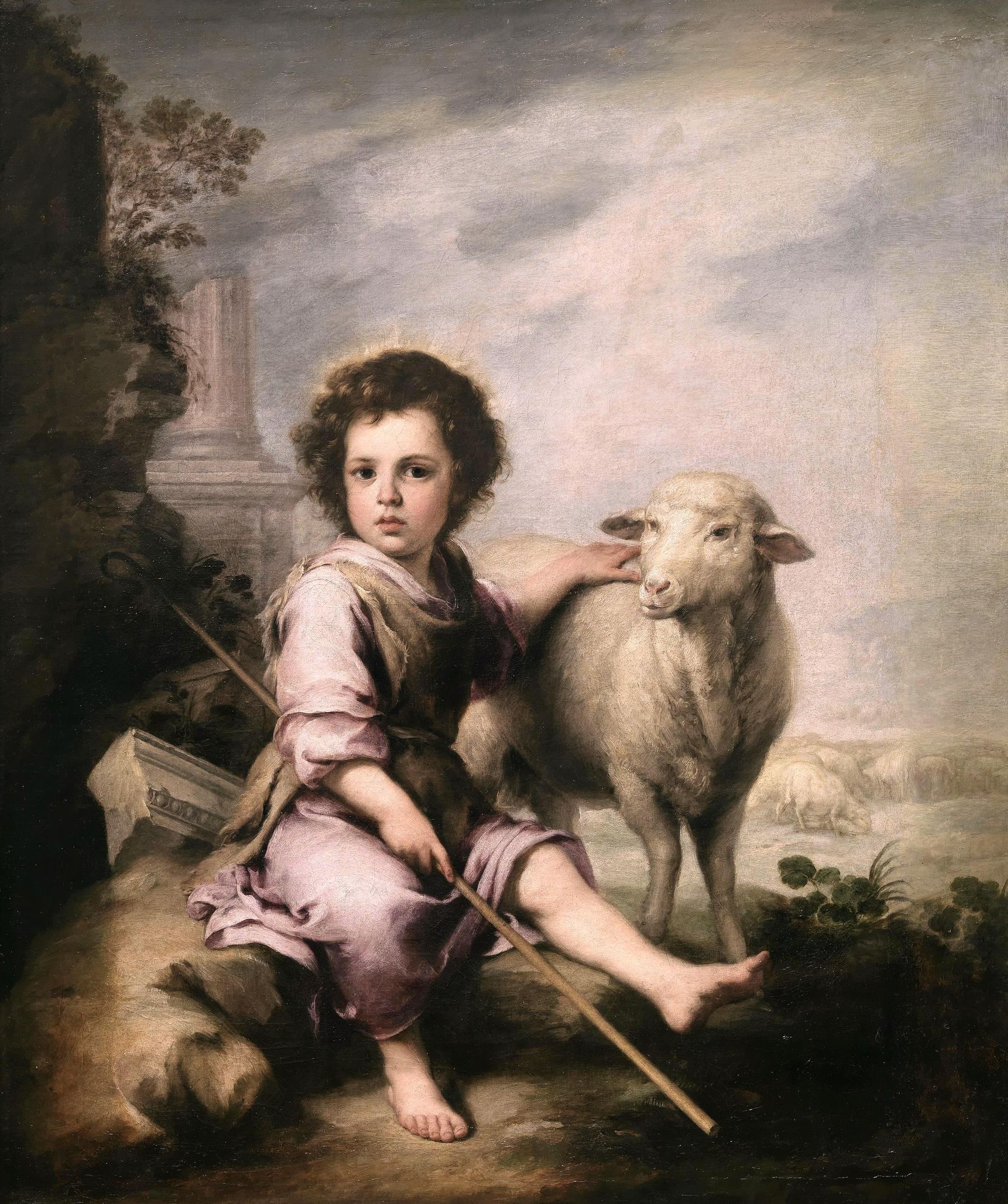 Bartolomé Esteban Murillo’s painting of the Christ Child as the Good Shepherd, seated on a rock with a crook, one arm around a lamb, His flock grazing behind