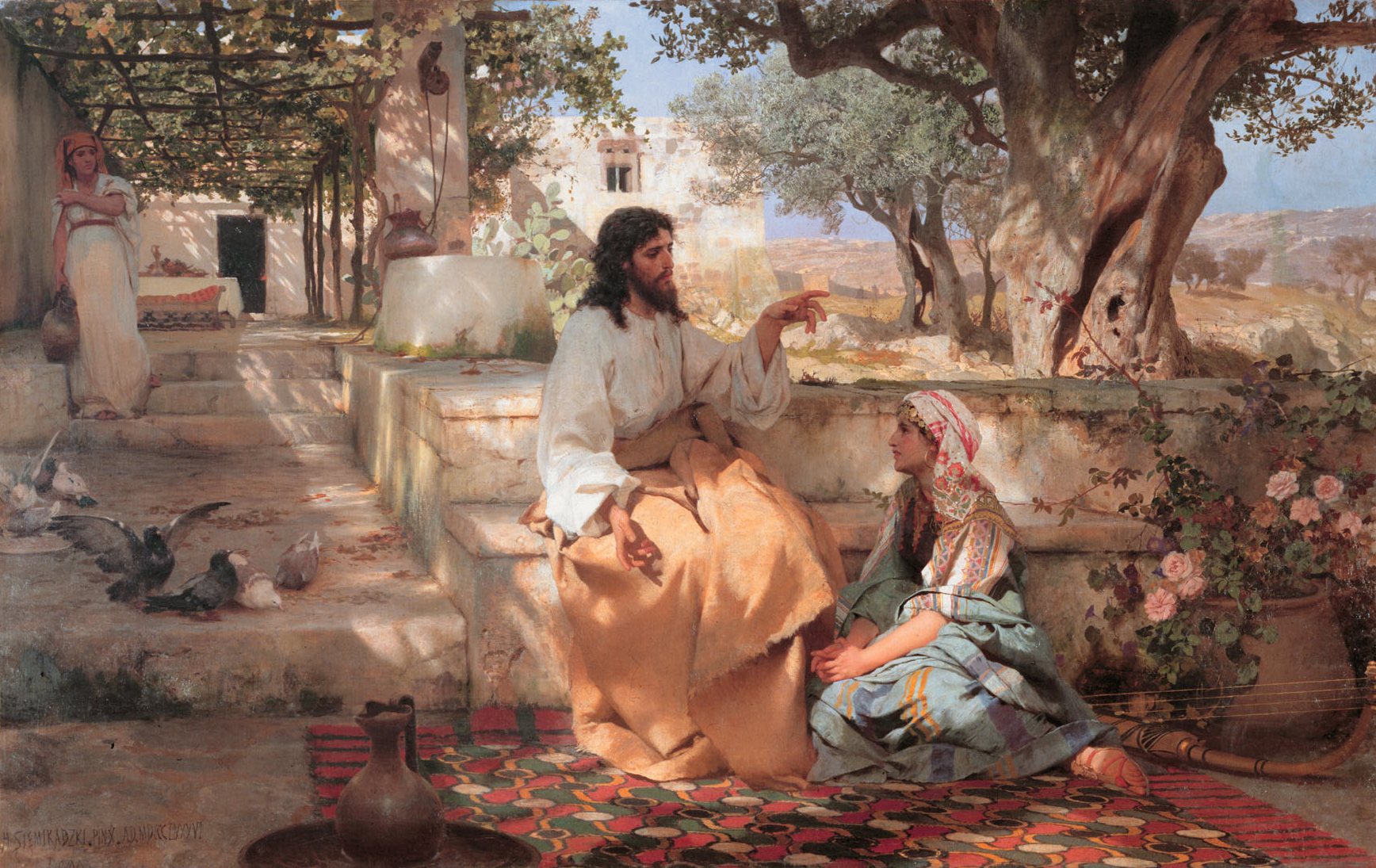 Henryk Siemiradzki’s painting of Christ seated on a sunlit terrace, teaching Mary as she sits listening at His feet, while Martha stands in the doorway behind