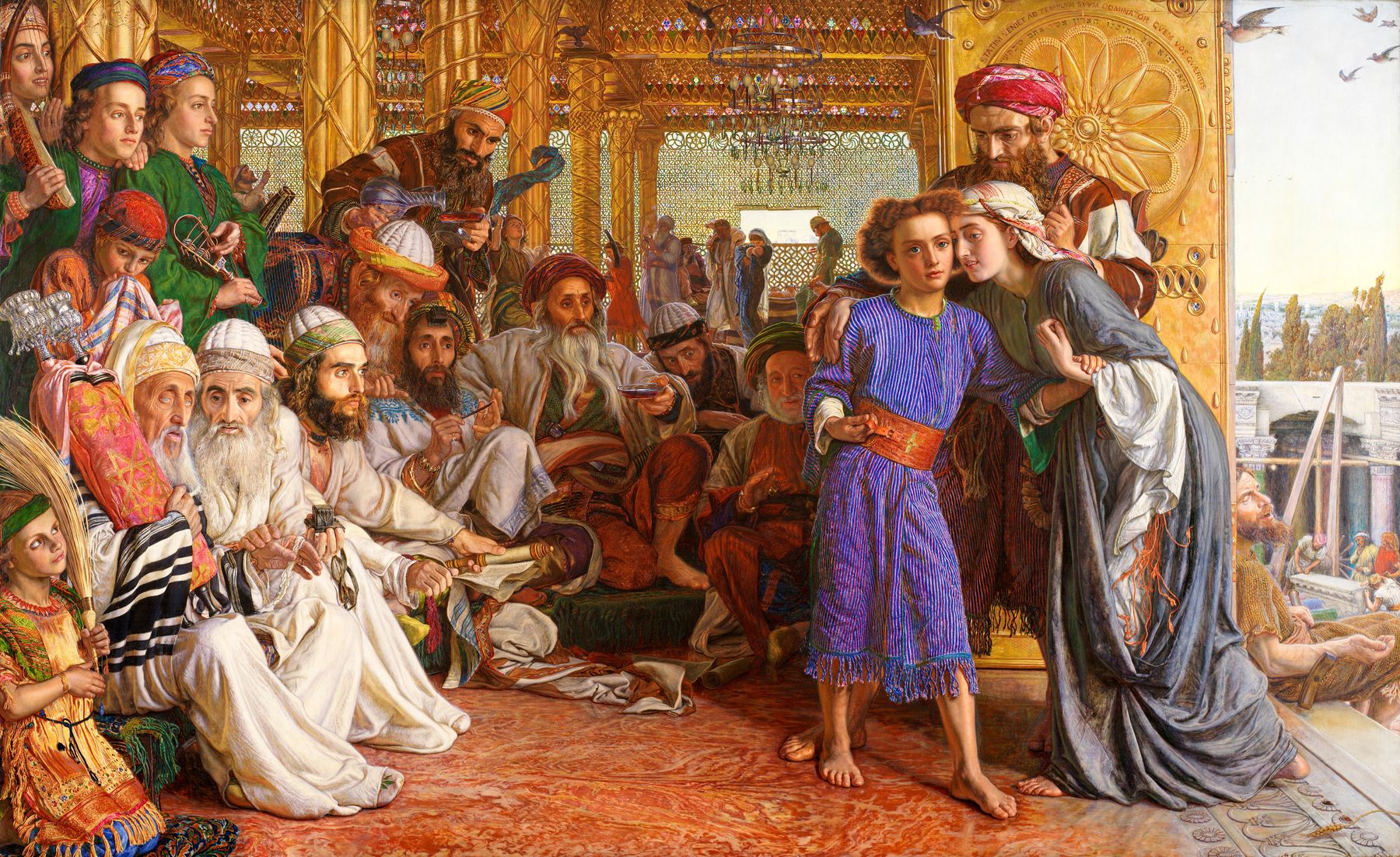 William Holman Hunt’s painting of the twelve-year-old Jesus, in a striped violet robe, found by Mary among the teachers of the Temple, who sit with their scrolls