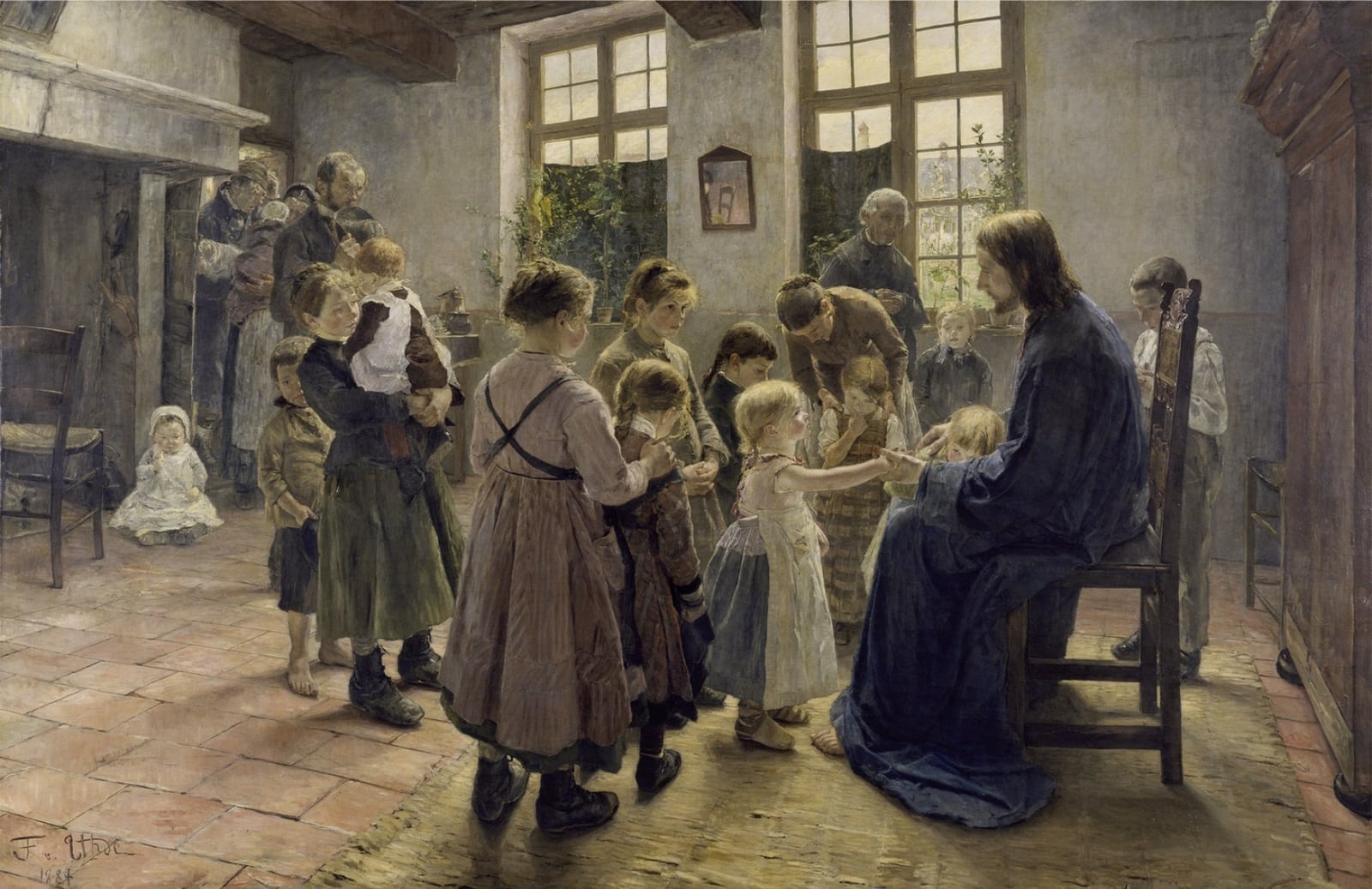 Christ sits among the children of a village family in a farmhouse room, painted by Fritz von Uhde