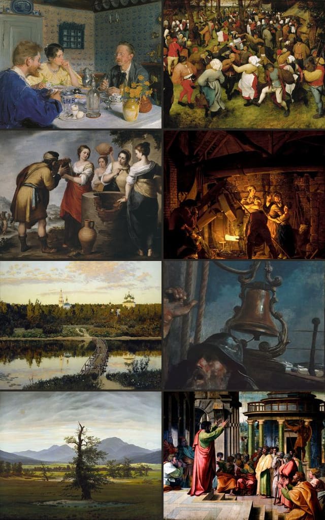 Eight paintings in a grid: the painter, his wife and a friend talking over lunch (Krøyer), a village wedding dance (Bruegel), Rebecca at the well (Murillo), a family at an iron forge (Wright of Derby), a monastery across a still river (Levitan), a sailor on watch under a ship’s bell (Homer), a lone oak in a wide valley (Friedrich) and Paul preaching in Athens (Raphael)