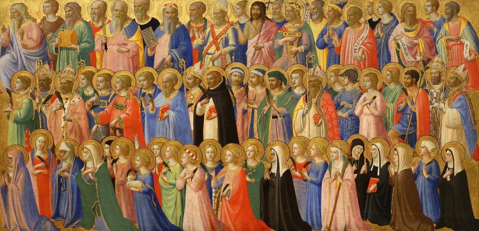 Fra Angelico’s panel of the saints in rows in gold: prophets, apostles, bishops, monks, martyrs and holy women