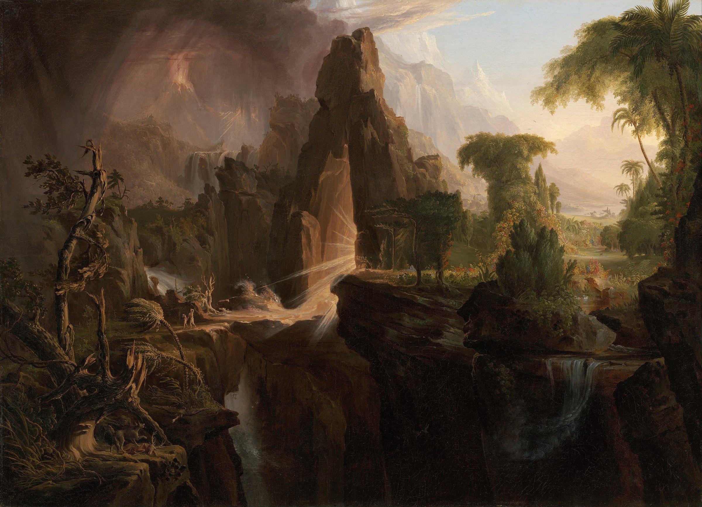 Thomas Cole’s painting of Adam and Eve, small figures leaving the sunlit garden through a rock gate into a dark and stormy wilderness