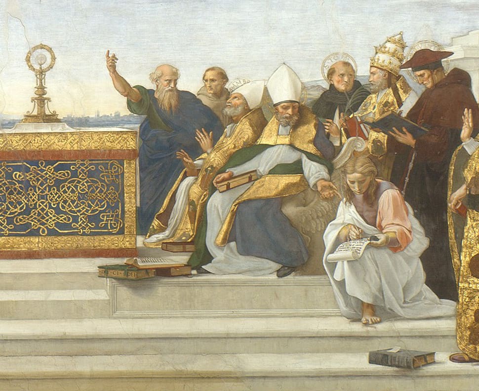 Part of Raphael’s fresco La Disputa: bishops and theologians debating beside the altar, one pointing up to heaven