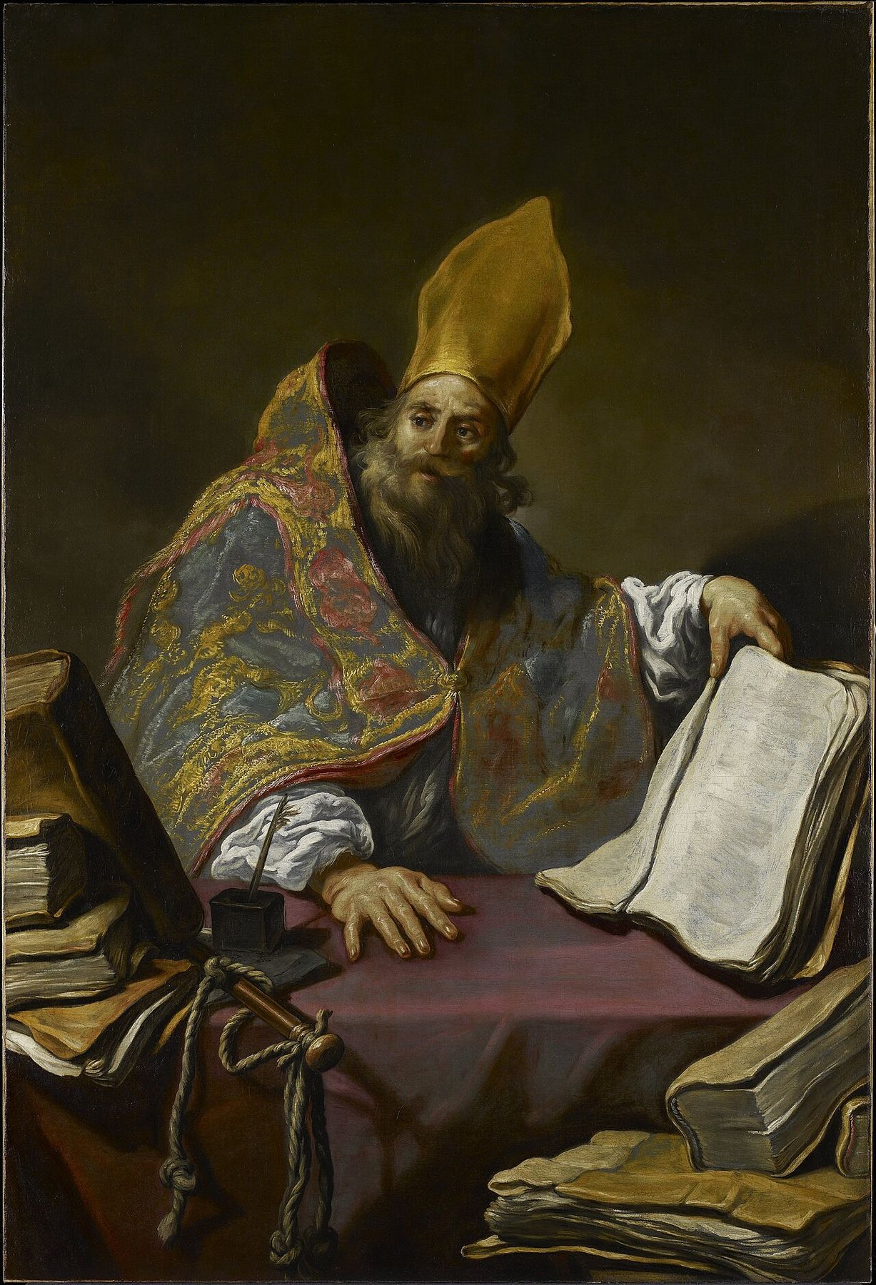 St Ambrose, grey-bearded in a tall gold mitre and a shimmering blue and gold cope, sits at a table piled with books and turns to look at us, one hand on an open book, a knotted scourge beside his inkwell