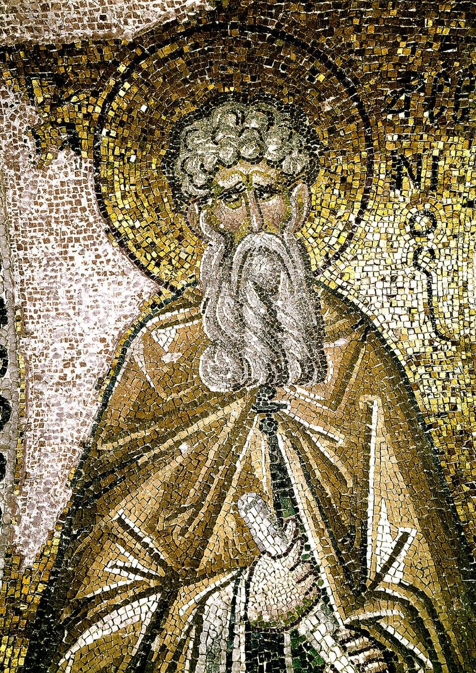 A Byzantine mosaic of gold and brown stones: Saint Arsenius, an old monk with curly grey hair and a long white beard, in a brown cloak, holding a small white scroll, under a golden halo