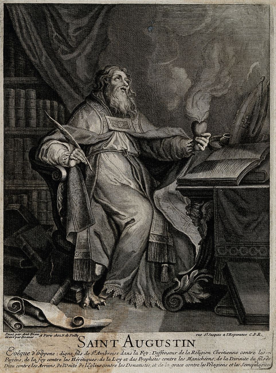 A black and white engraving: Augustine, old and bearded, in a bishop's cope, sits at his desk in a room lined with books. He looks up, a pen in his right hand and a flaming heart in his left, and the words SAINT AUGUSTIN are printed below.