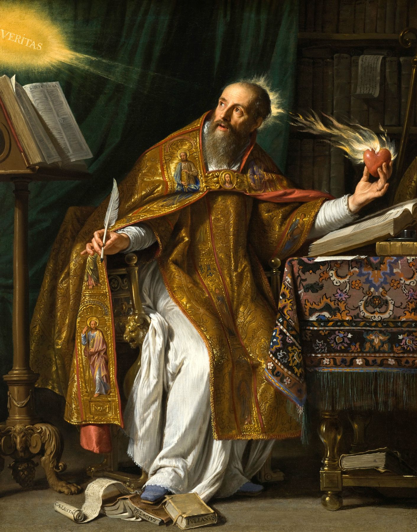 Augustine in gold bishop's robes looks up at a burst of light marked Veritas, a quill in one hand and a burning heart in the other, with books by Pelagius and Julian under his foot