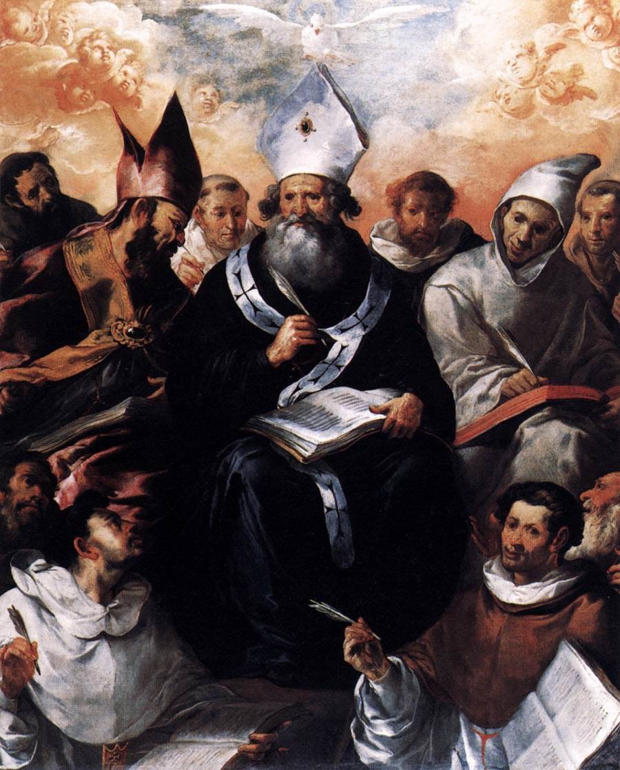 Saint Basil, an old bishop with a long grey beard and a white mitre, sits with a quill and an open book while monks and bishops around him write, and the dove of the Holy Spirit flies above