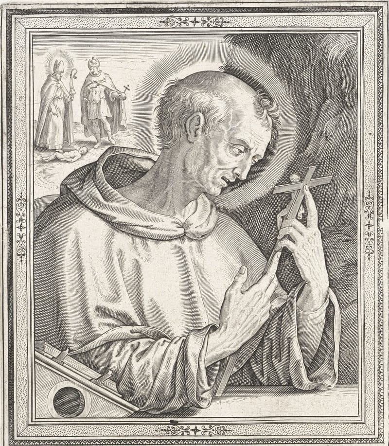 An engraving: Basil as a monk in a hooded habit, with a halo, gazes at a small crucifix in his hand, a book on the ledge before him. Far off behind him, a bishop and a man holding a sceptre stand over a child lying on the ground.