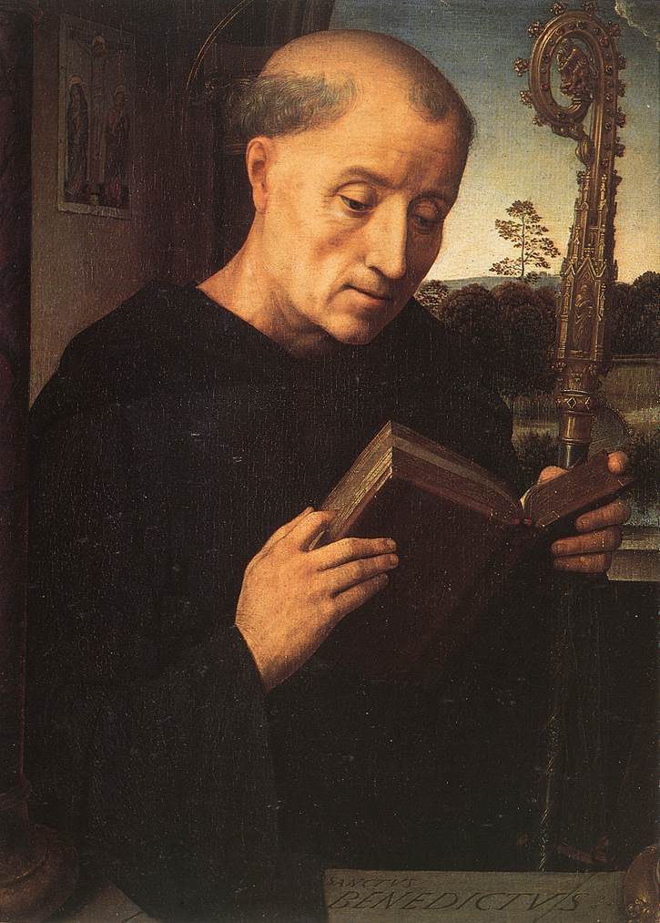 Memling's panel: Benedict, an older monk with a tonsure, in a black habit, reads from a book held open in his hands, his abbot's staff behind him and a green landscape through the window