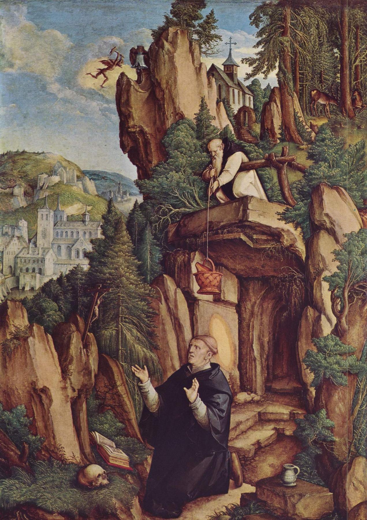 Saint Benedict, a tonsured monk in a black habit, kneels at the mouth of his cave with his hands raised, while above him the monk Romanus lowers a basket of bread on a rope and a winged devil flies at the bell on the rock, by the Master of Messkirch