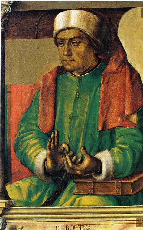 A Renaissance portrait of Boethius as a grave, middle-aged scholar in a white cap, a green gown and a red hood. He sits with his hands raised as if counting points, with a closed book beside him. The name FL BOETIO is painted below.