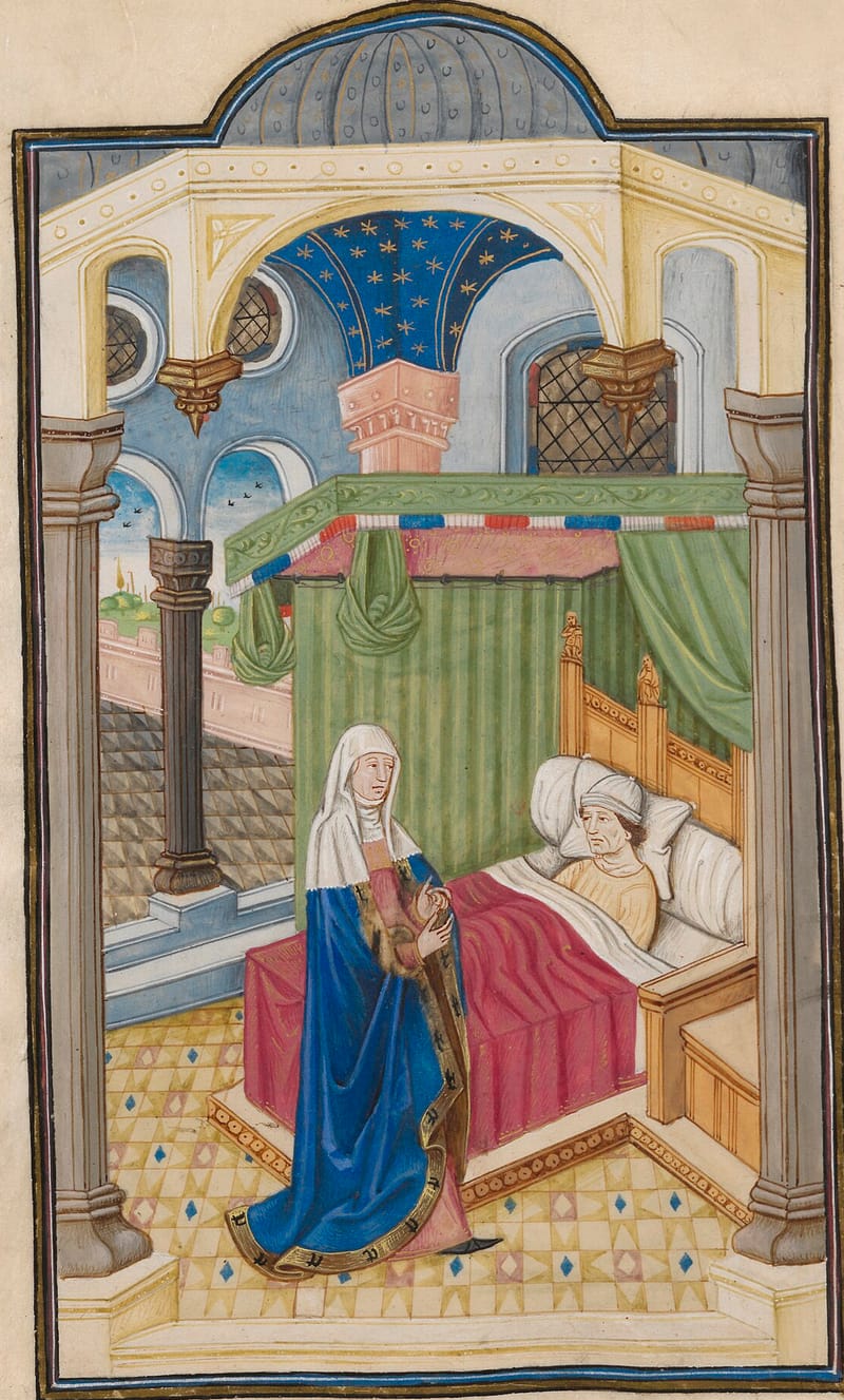 A Flemish manuscript painting: Lady Philosophy, in a white veil and a deep blue cloak, stands at the bedside of Boethius, who lies in a curtained bed in a pale cap, looking up at her, under a vaulted room with a starry ceiling