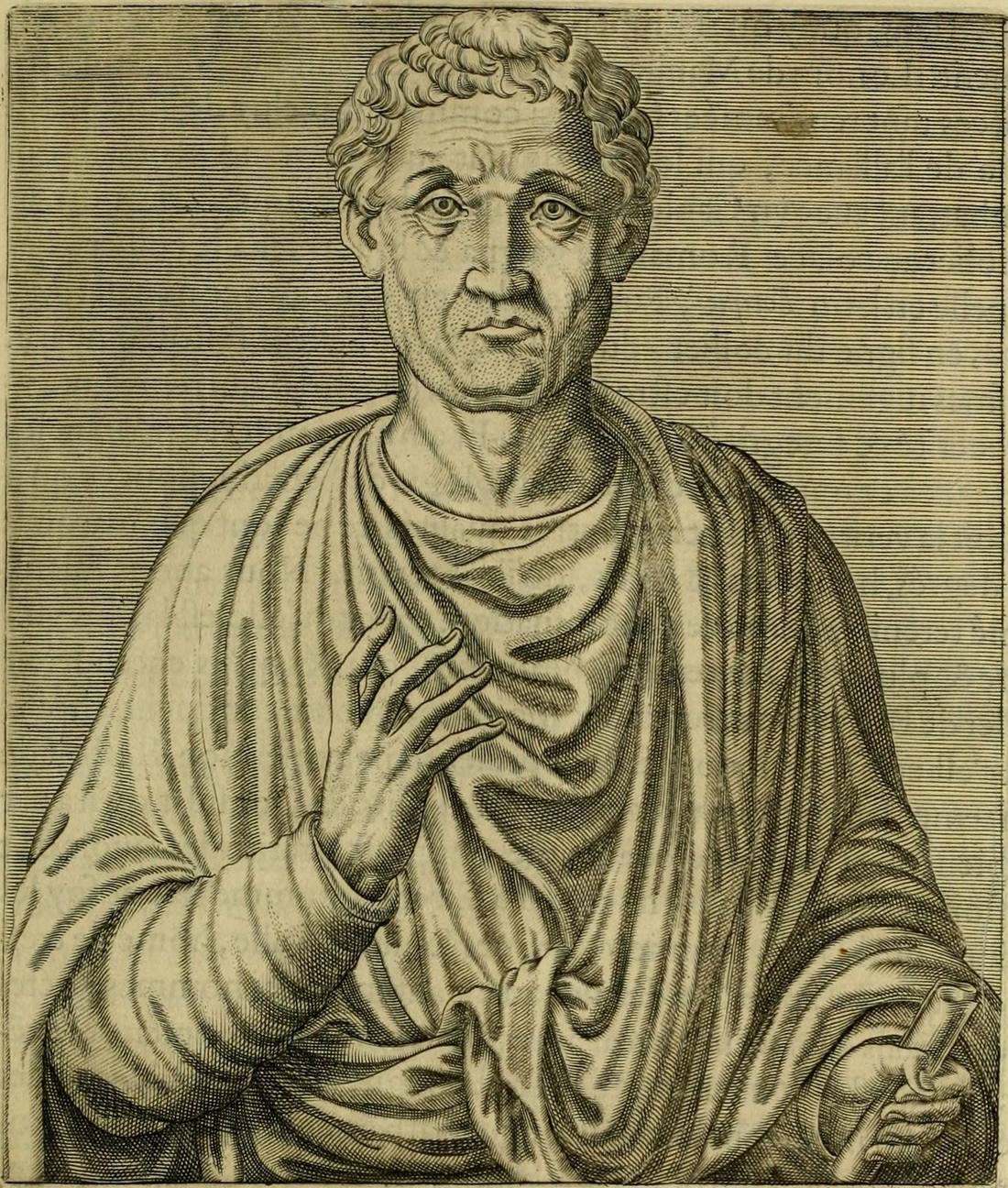 An engraving of Boethius as a Roman in a toga: a clean-shaven man with short curly hair, looking straight out, his right hand raised and a scroll in his left