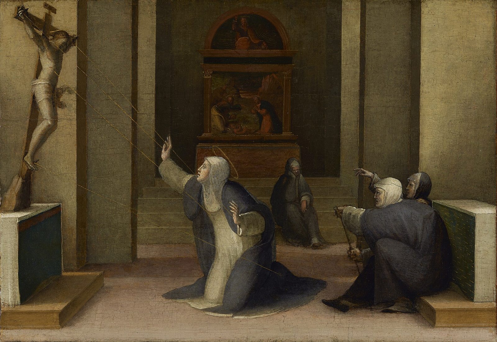 A painting of a pale church interior: Catherine kneels with her arms raised toward a crucifix on the left, fine golden rays running from it to her, while three women in hoods kneel and watch behind her