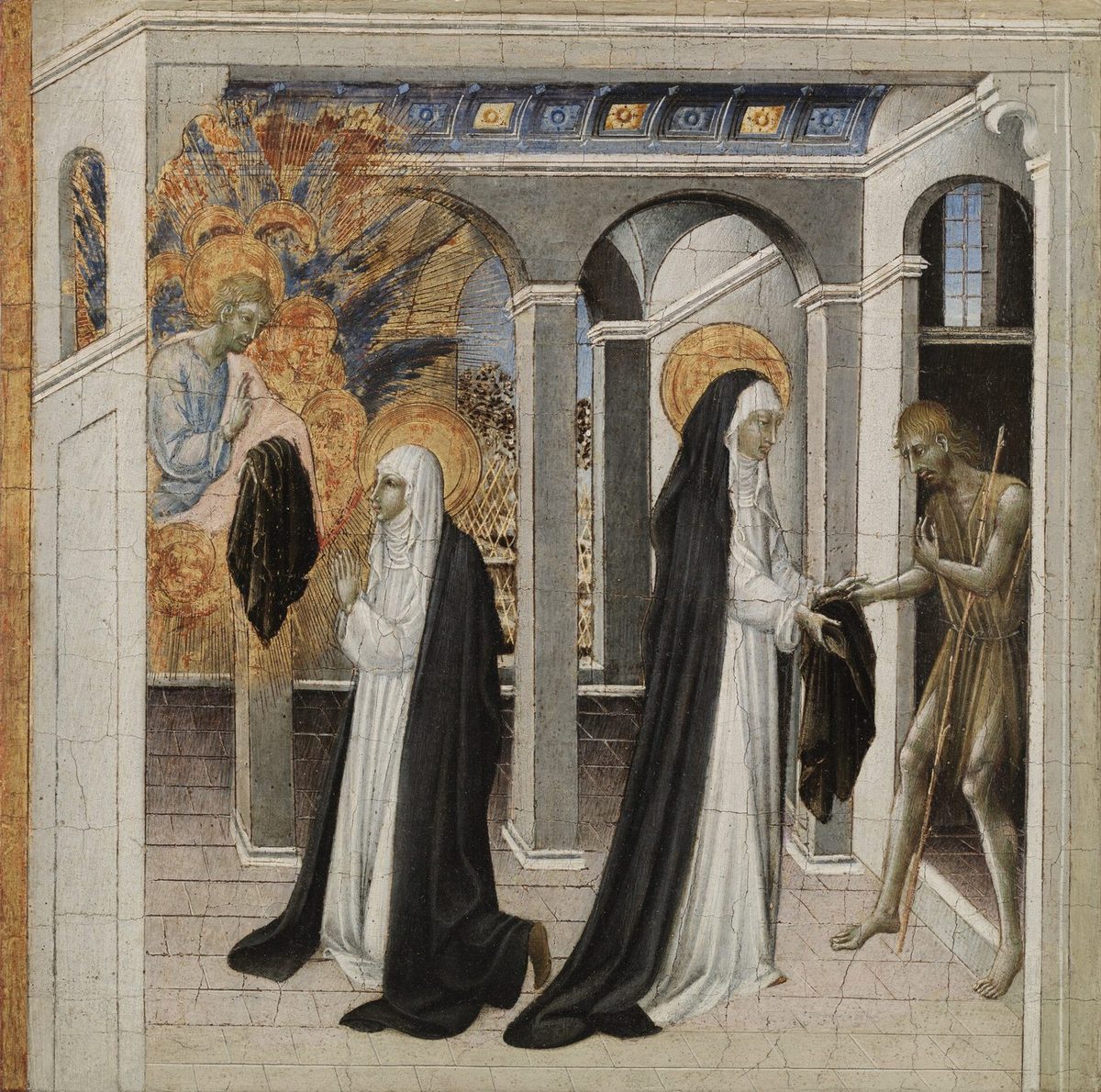 A small panel painting: in a grey arcaded house, Catherine appears twice. On the right she hands a dark garment to a thin, ragged beggar at a doorway. On the left she kneels before Christ, who holds up the same garment in a golden glory of angels.