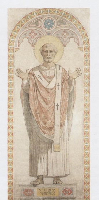 Ingres's design for a church window: Clement stands haloed under a painted arch, arms raised in prayer, in white robes and a rose vestment, above a plaque reading S. CLEMENS ALEXANDRINVS EPISCOPVS.