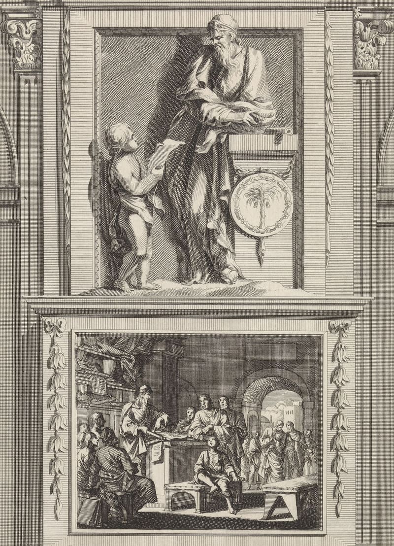 An engraving: Clement, old and bearded, stands like a statue in a niche, leaning on a pedestal, while a child angel reads to him from a sheet. Below, a teaching room: Clement at a lectern, a scroll open before him, with pupils seated on benches around him.