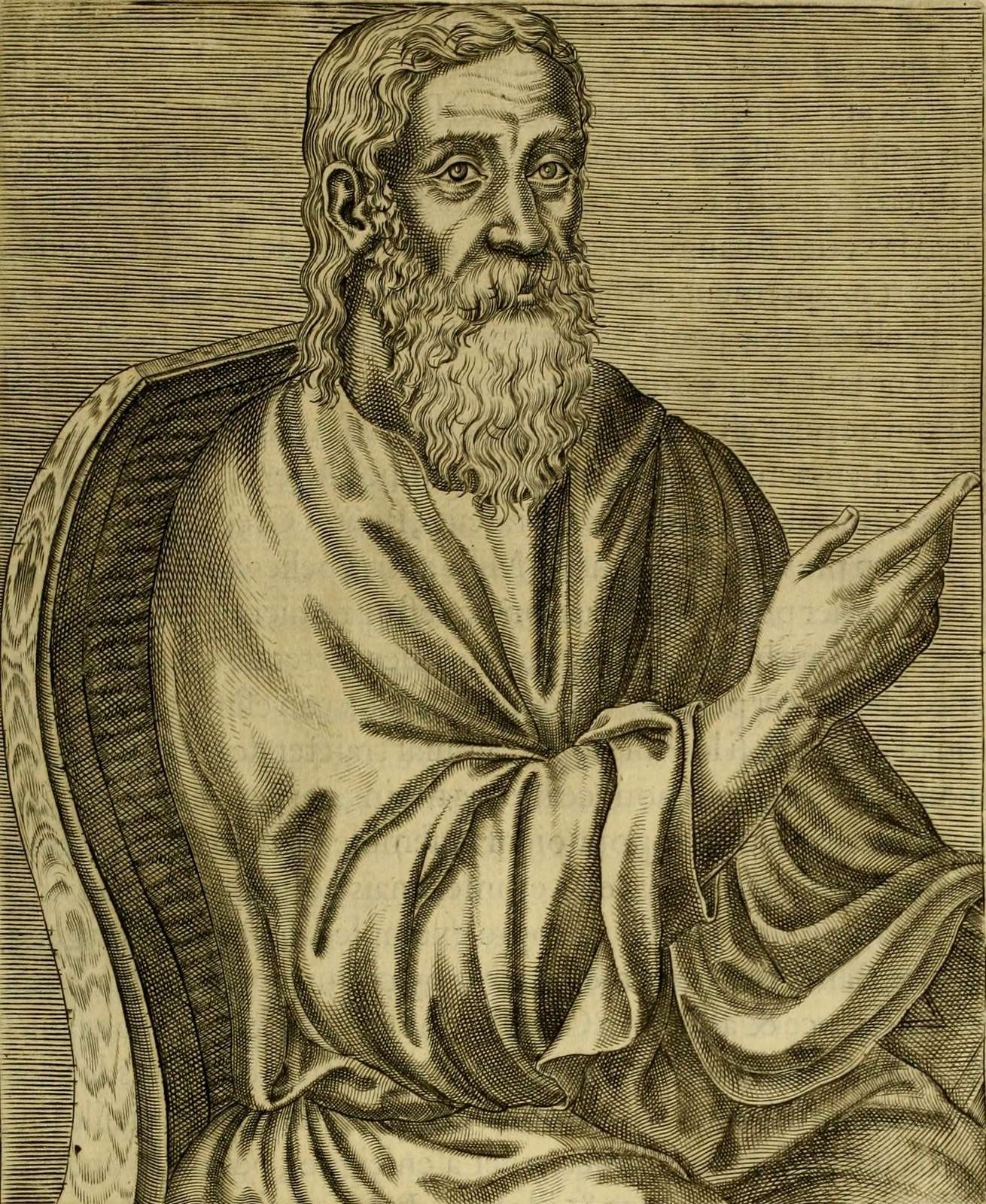 An engraved portrait of an old, bearded Clement seated in a high-backed chair, wrapped in a heavy cloak, turning to speak with one hand raised.