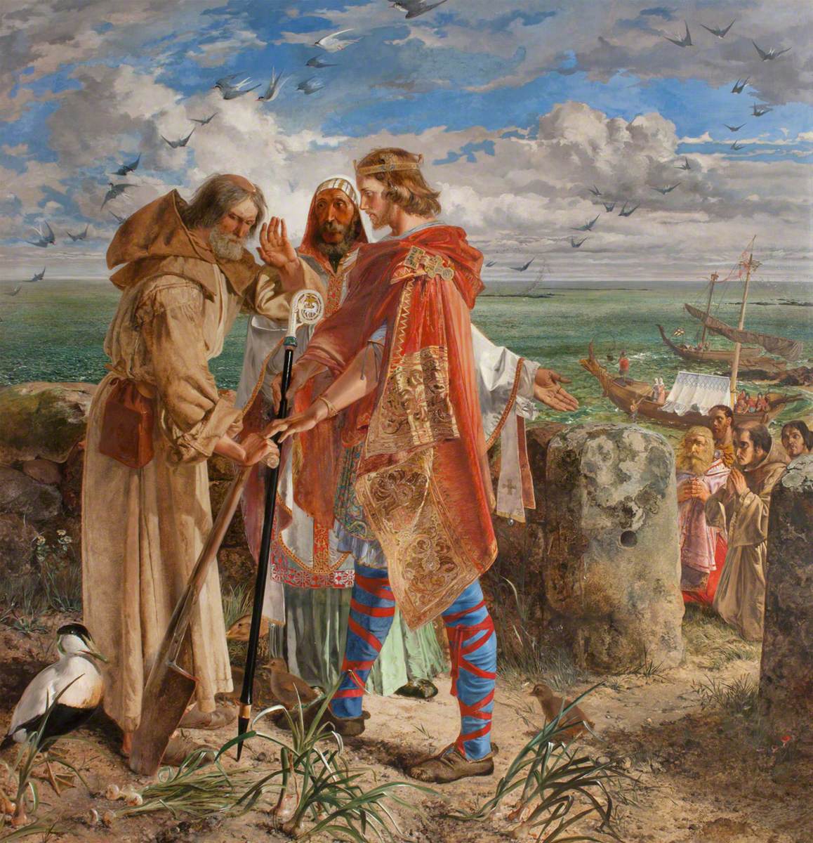 Cuthbert, a grey-bearded monk in a brown hooded robe, rests his hands on his spade while a young crowned king in a red and gold cloak holds out a bishop's staff to him; a bishop in a white turban-like mitre stands between them, with the green sea behind