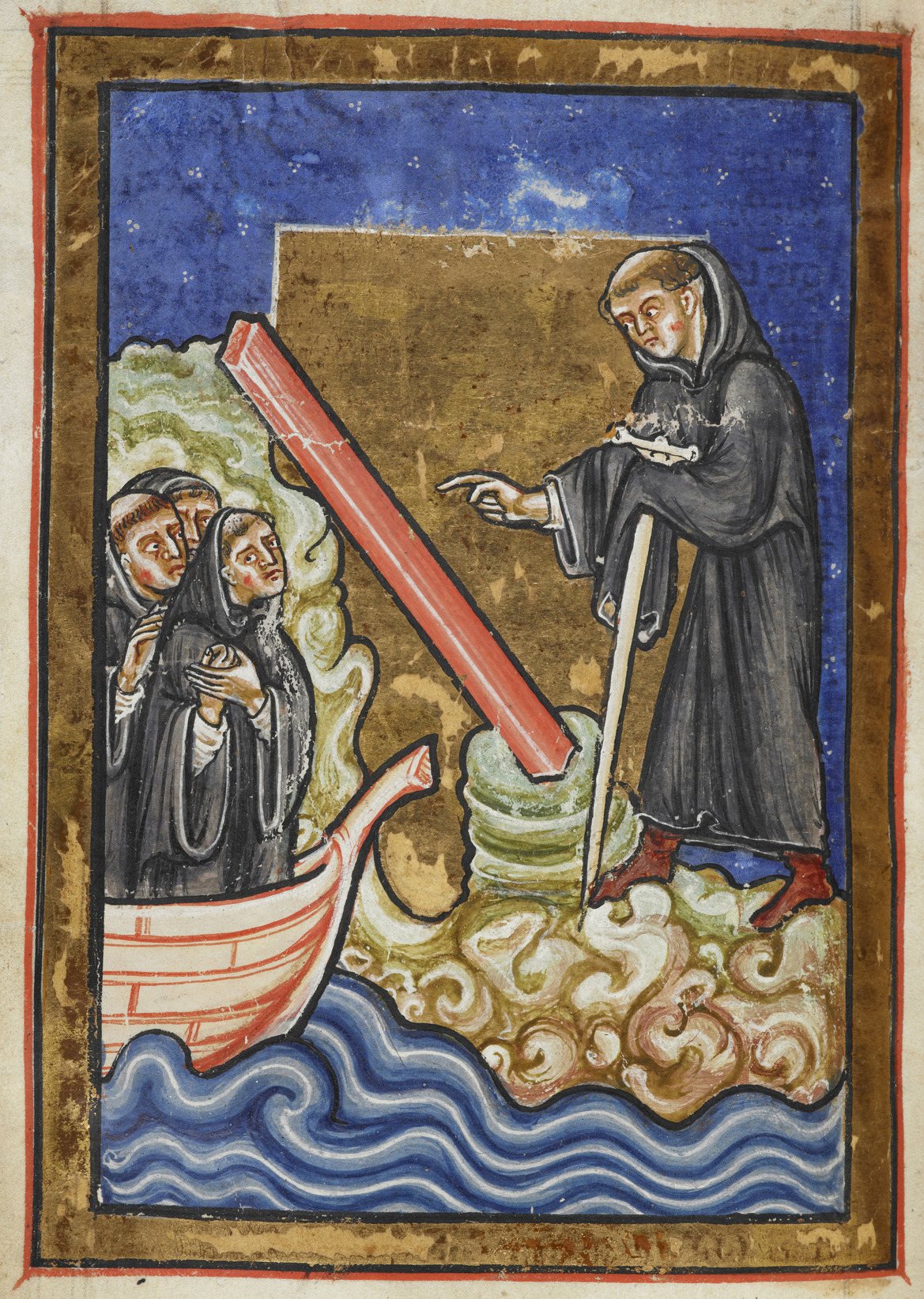 A medieval book painting on a blue and gold ground: Cuthbert, a monk in a black hooded robe, stands on the rocks by the shore and points at a long red beam lying in the waves, while three monks watch from a boat