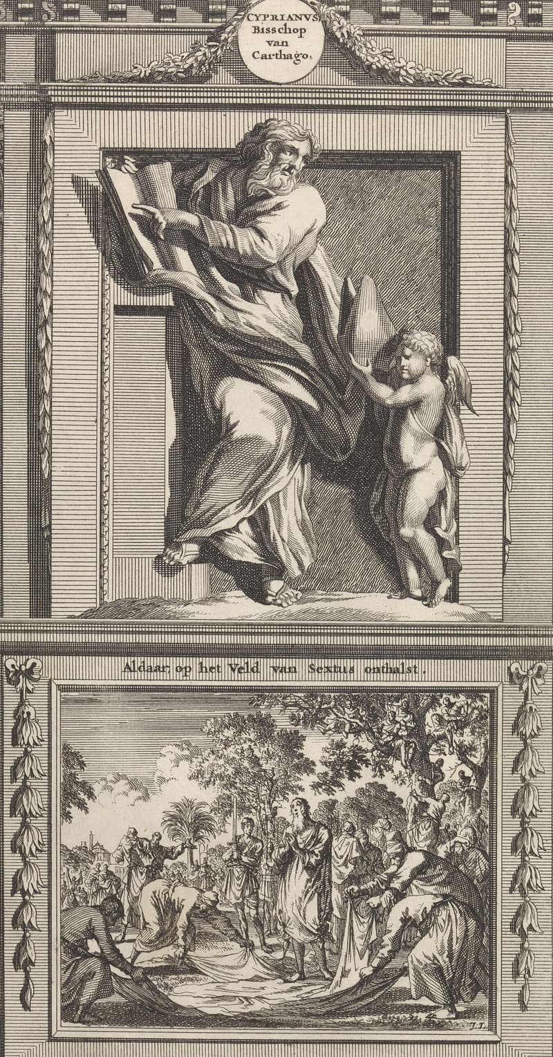 An engraving: Cyprian, bearded and robed, stands like a statue in a niche, pointing to a passage in a large open book, while a small winged angel holds a bishop's mitre. A round plaque above names him in Dutch as bishop of Carthage. Below, an outdoor crowd: he stands looking up, his hands at his chest, near a soldier holding a sword, while friends spread cloths on the ground before him and onlookers watch from the trees.