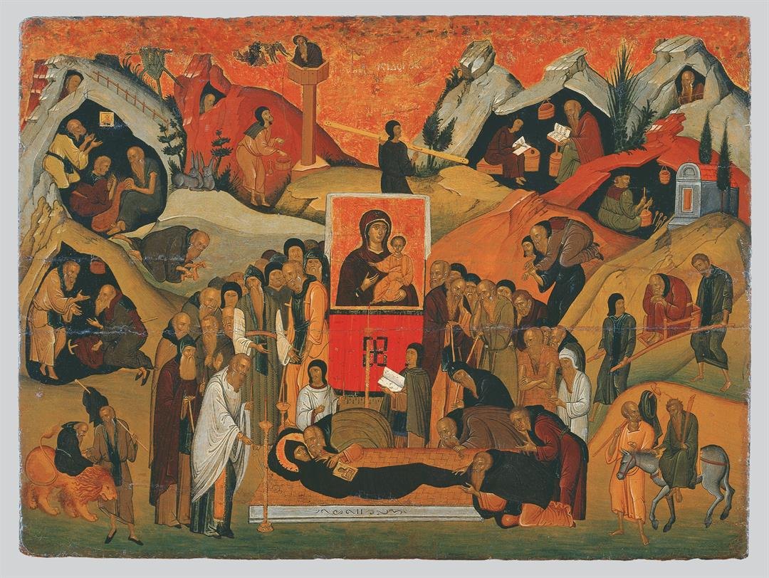 Icon of the funeral of St Ephrem: his body laid out before a crowd of monks, with hermits in caves on the hills behind