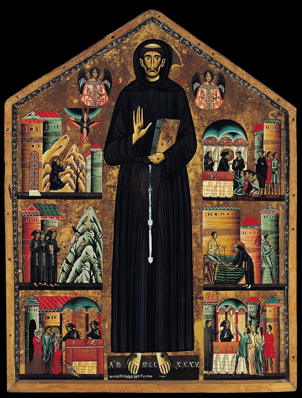 A gabled altarpiece on gold: a tall, dark-robed Francis with wounds in his hands and feet holds a book, with two angels above him and six small scenes of his life and miracles on either side