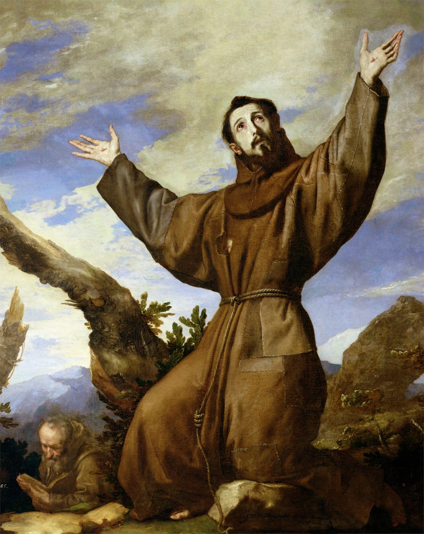 A painting: Saint Francis kneels on a rock in a brown habit tied with a knotted cord, arms flung wide and eyes lifted to a cloudy sky; below him, a brother bows in prayer