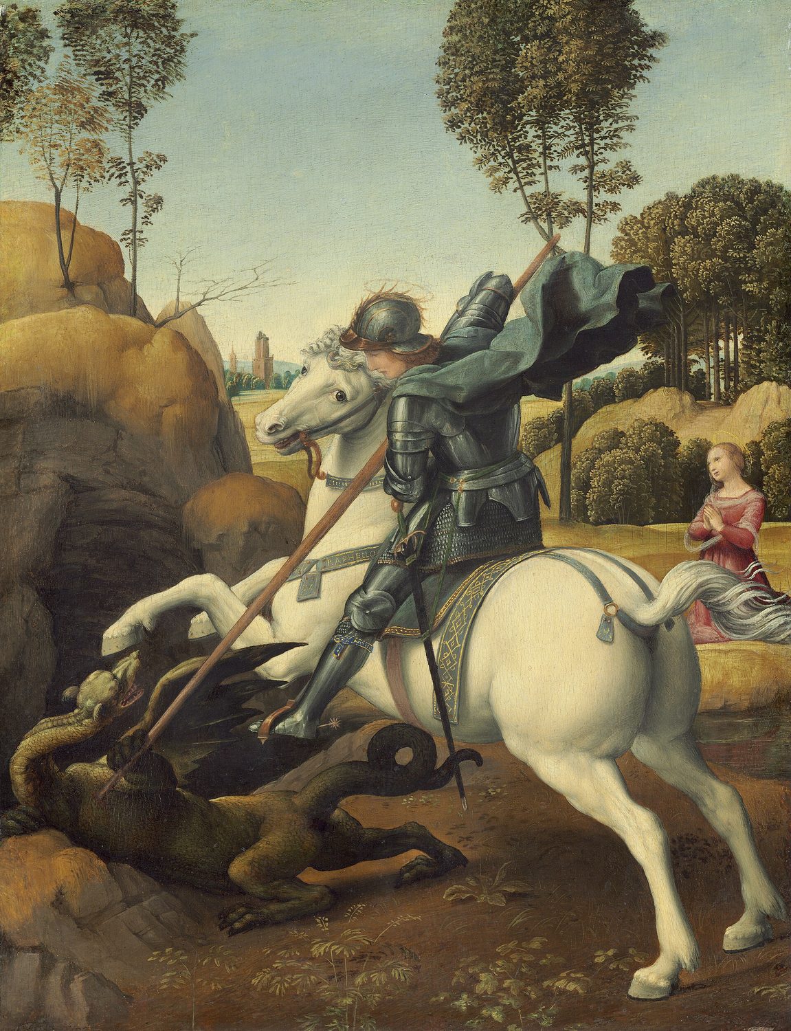 A small Italian oil painting: George in armour, on a rearing white horse, drives his lance into a winged dragon on the ground, while the king's daughter kneels in prayer on the right, in a green landscape with tall trees.