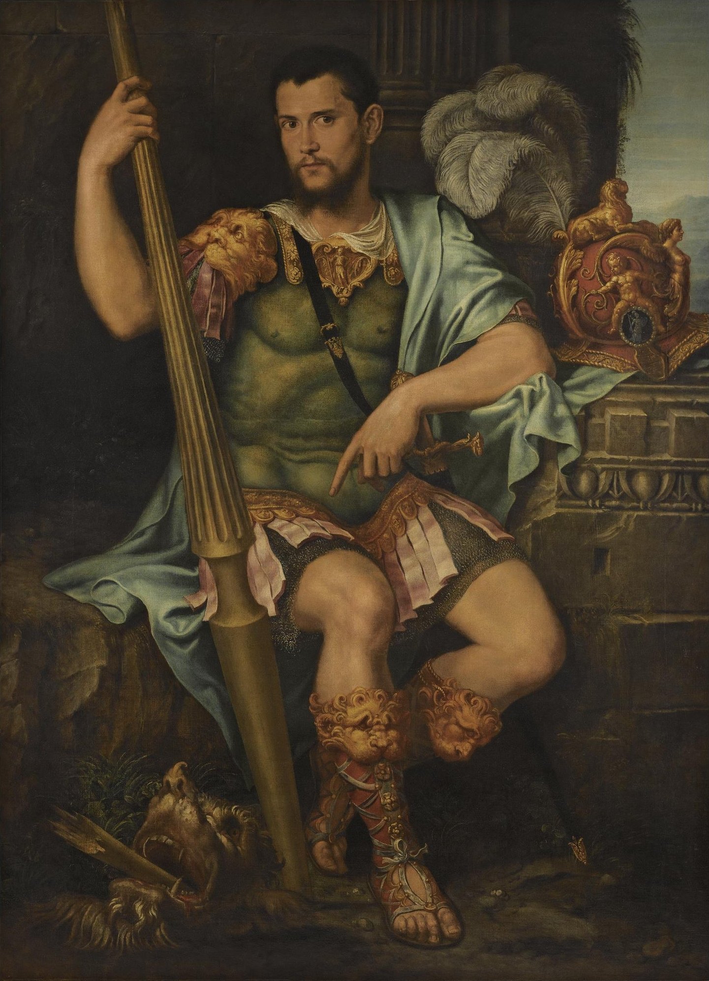A painting: a young nobleman with short dark hair and a beard, dressed as Saint George in Roman-style armour and a pale blue cloak, sits holding a broken lance; a plumed helmet rests on a ledge beside him, and a dragon's head lies at his feet
