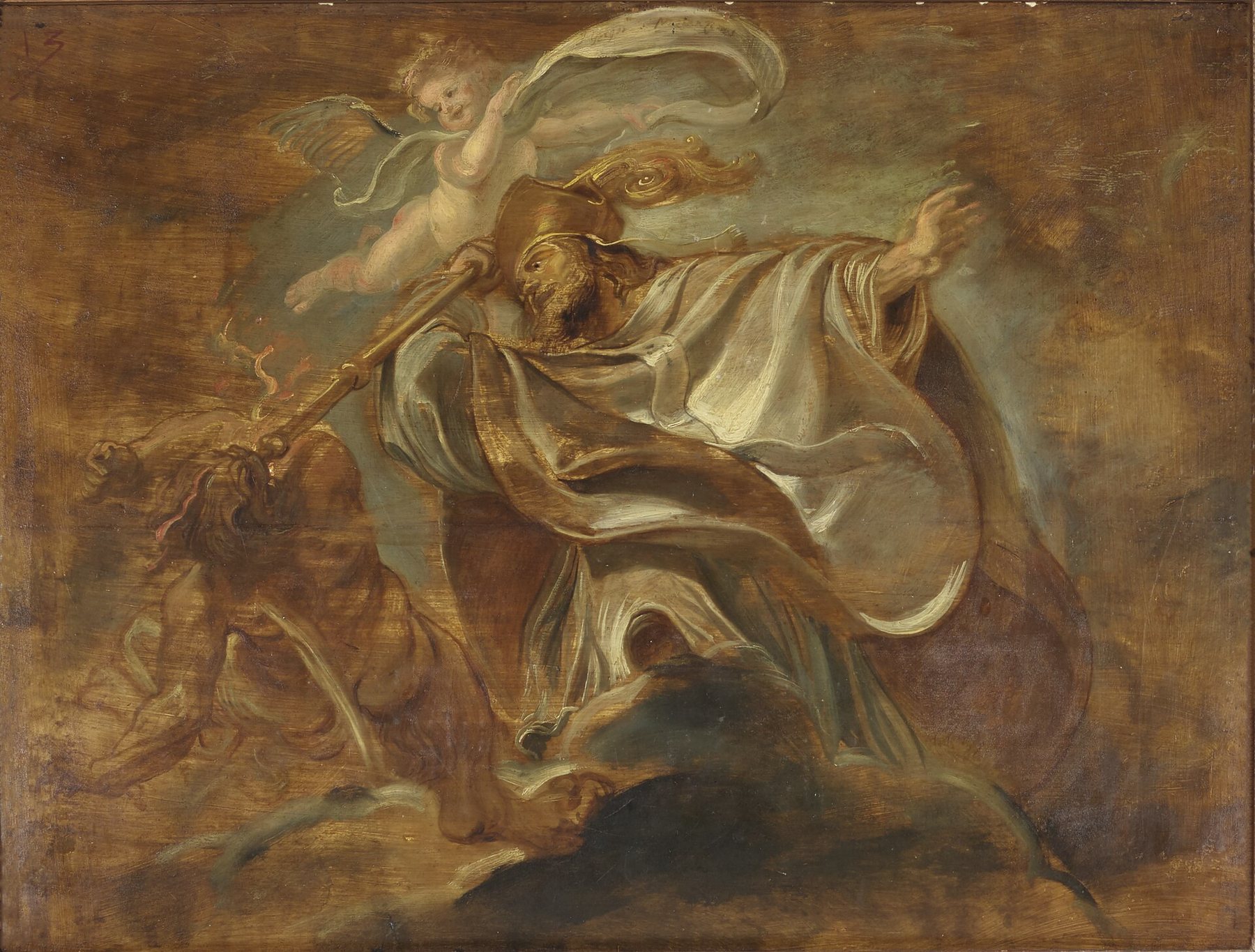 A Rubens oil sketch in browns and golds: Gregory, a bearded bishop in a mitre and swirling white robes, drives his crozier at a monstrous figure tumbling below while a cherub flies above