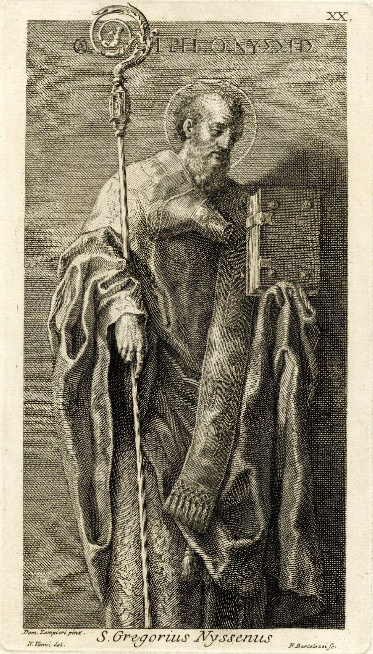 An engraving of Gregory of Nyssa as a bearded Western bishop in a flowing cope, holding a crozier and a clasped book, looking down