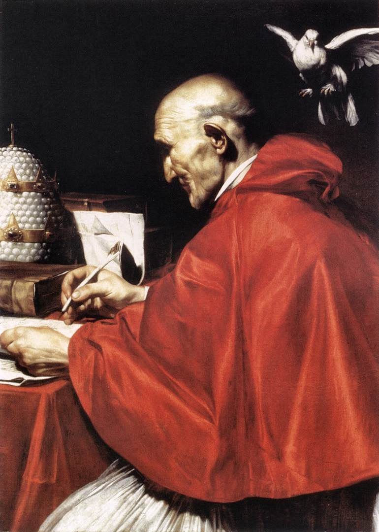 A painting by Ribera: Gregory, old and bald, in a red cape, writes at a table, his pen on the page, while a white dove flies at his ear; the pope's triple crown rests beside his books