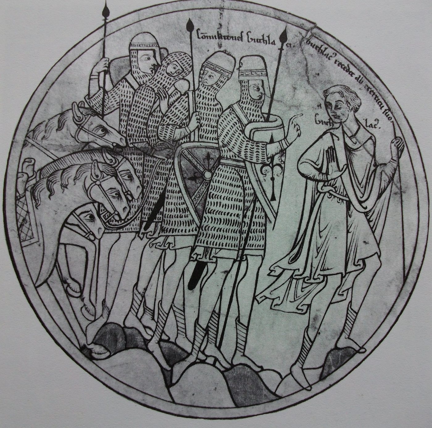 A round medieval pen drawing: on the right, the young Guthlac in a long tunic walks away with one hand raised, while on the left his war band of soldiers in chain mail, with spears, shields and horses, watches him go and one of them points after him. Latin words above name them.